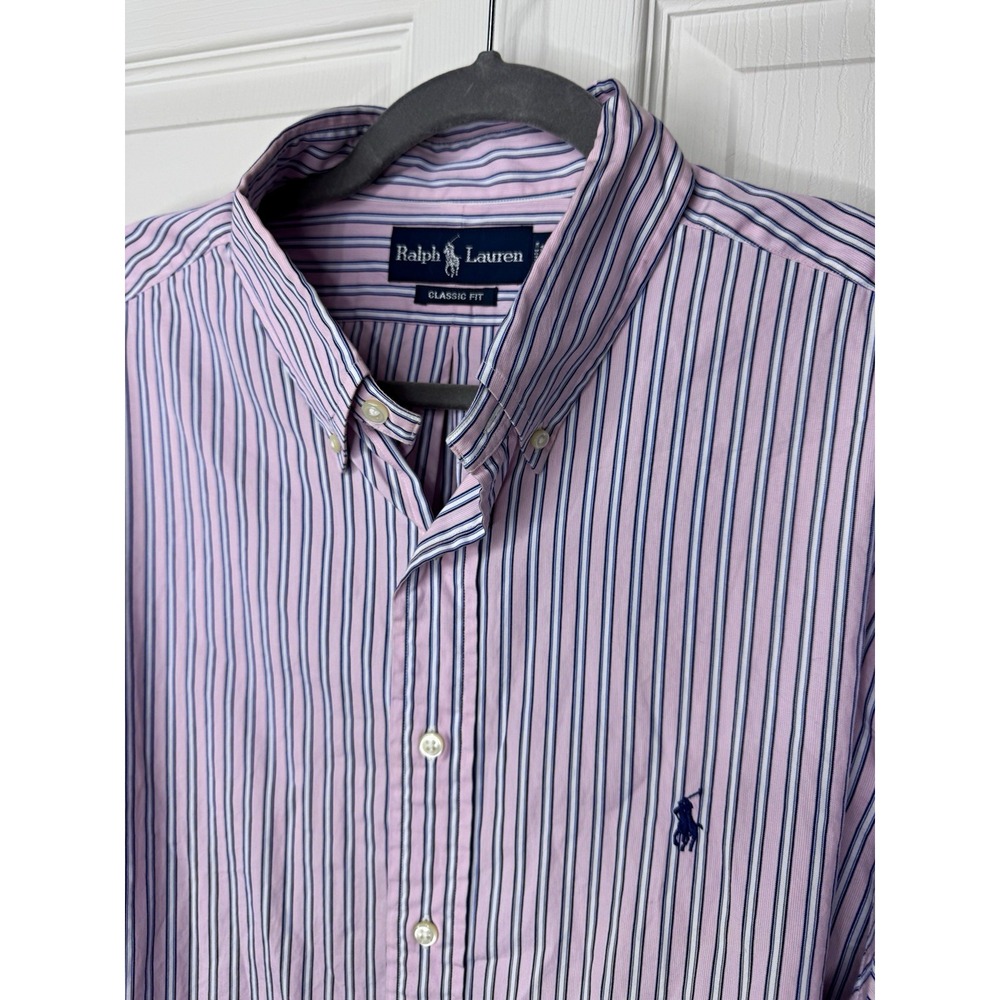 Ralph Lauren Men's 17.5 34/35 Pink Blue White Striped Cotton Classic Button Down